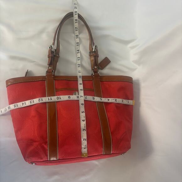 Coach Coral Signature Gallery Tote Bag Red Canvas Leather Monogram Handbag - Picture 14 of 15